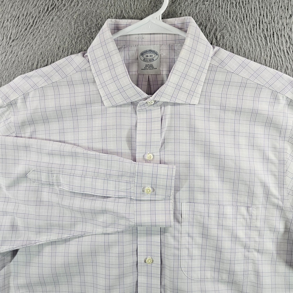 Brooks Brothers Slim Fit Non-Iron Dress Shirt Mens 16-33 Purple Plaid Check